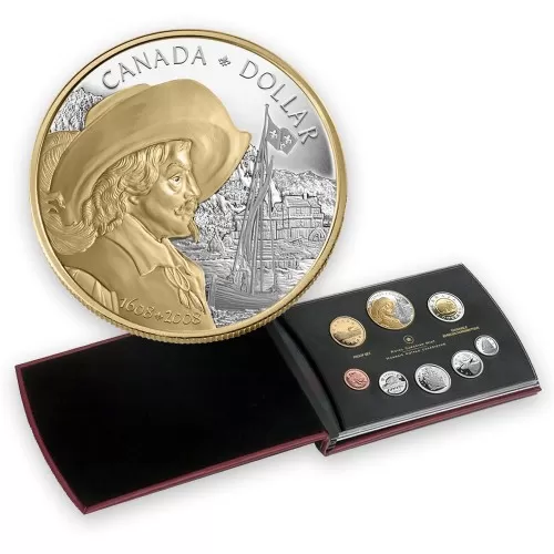 2008 Canadian Proof Double Dollar Set ft 2008 (1608-) $1 Champlain/Quebec City 400th Anniv Silver & Gold-plated Coin - no beauty box