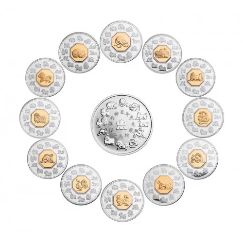 1998-2009 Canadian $15 Lunar Zodiac 12-Coin Set with Sterling Silver Medallion & Case