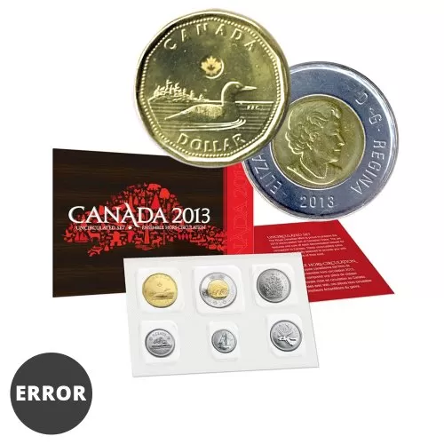 2013 Canada Uncirculated Proof-Like Set / ERROR Double Stamped Loonie, Toonie