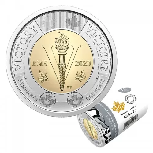 2020 (1945-) Canadian $2 End of the Second World War 75th Anniv/Victory Non-Coloured Toonie Special Wrap Coin Roll