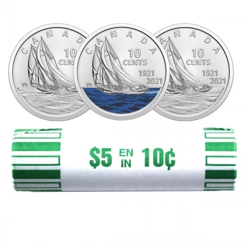2021 (1921-) Canadian 10-Cent Bluenose Schooner 100th Anniv Mixed Coloured/Uncoloured Dime Regular Coin Roll