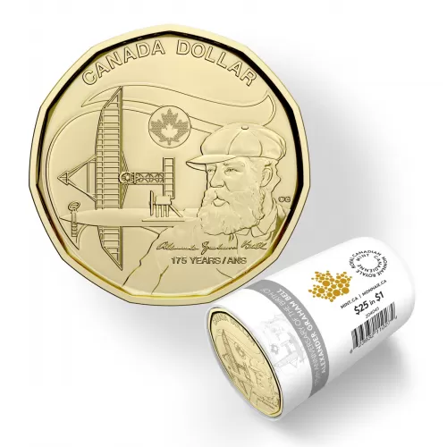 2022 Canadian $1 Birth of Alexander Graham Bell 175th Anniv Non-Coloured Loonie Special Wrap Coin Roll