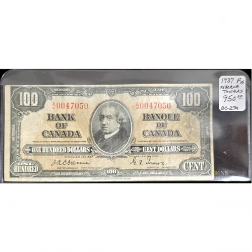 1937 Bank of Canada $100 Bilingual Series Osborne Towers Bill Note F15