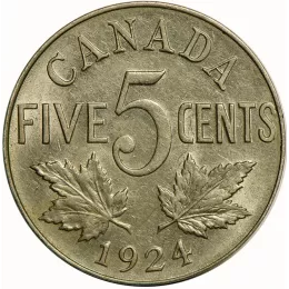 1924 Canadian 5-Cent Nickel Coin (Circulated)