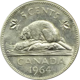 1964 Canadian 5-Cent "Extra Water Line" Beaver Nickel Coin (VF)