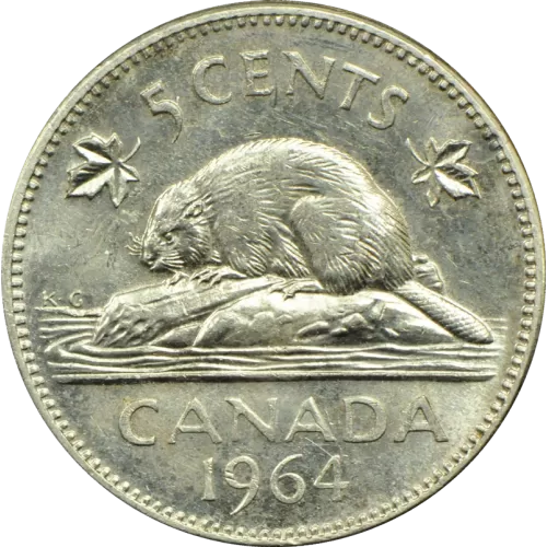 1964 Canadian 5-Cent "Extra Water Line" Beaver Nickel Coin (VF)