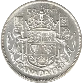 1958 DOT Canadian 50-Cent Coat of Arms Half Dollar Coin (Circulated)
