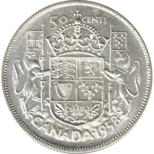 1958 DOT Canadian 50-Cent Coat of Arms Half Dollar Coin (Circulated)