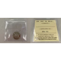 1947 Canadian 5-Cent Beaver Nickel Coin ICCS Graded MS-63