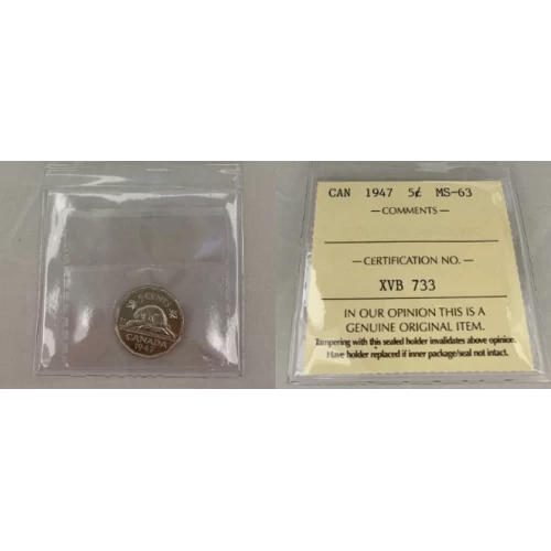 1947 Canadian 5-Cent Beaver Nickel Coin ICCS Graded MS-63