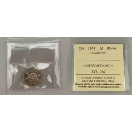 1947 Canadian 5-Cent Beaver Nickel Coin ICCS Graded MS-64