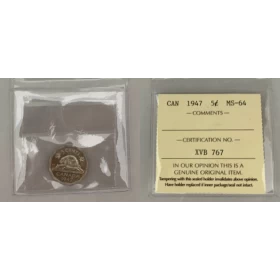 1947 Canadian 5-Cent Beaver Nickel Coin ICCS Graded MS-64