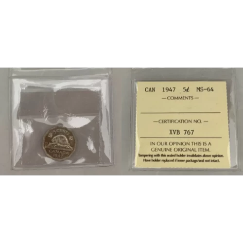 1947 Canadian 5-Cent Beaver Nickel Coin ICCS Graded MS-64