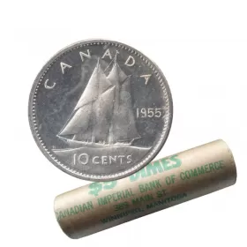 1955 Canadian 10-Cent Bluenose Schooner Dime Silver Original Coin Roll