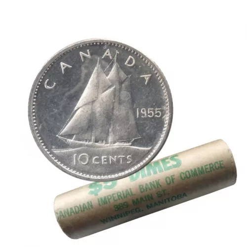 1955 Canadian 10-Cent Bluenose Schooner Dime Silver Original Coin Roll
