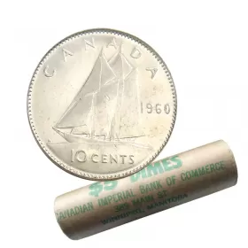 1960 Canadian 10-Cent Bluenose Schooner Dime Silver Original Coin Roll-in coin tube