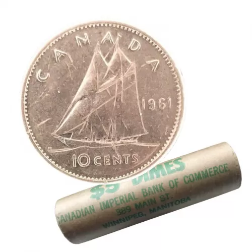 1961 Canadian 10-Cent Bluenose Schooner Dime Silver Coin Roll in coin tube-AU-Unc