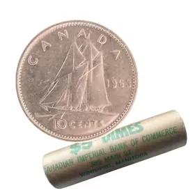1963 Canadian 10-Cent Bluenose Schooner Dime Silver Original Coin Roll in coin tube