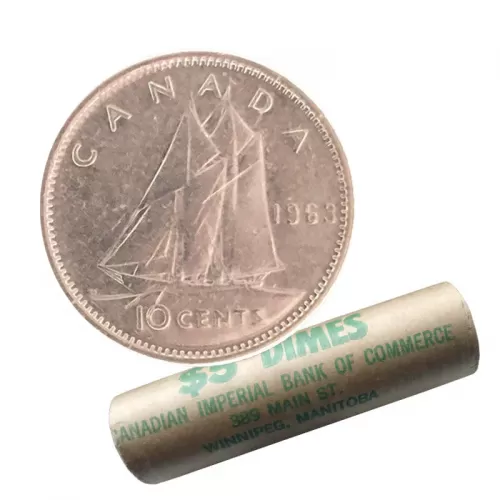 1963 Canadian 10-Cent Bluenose Schooner Dime Silver Original Coin Roll in coin tube