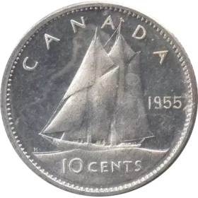 1955 Canadian 10-Cent Bluenose Schooner Dime Silver Coin (Brilliant Uncirculated)-may be toned