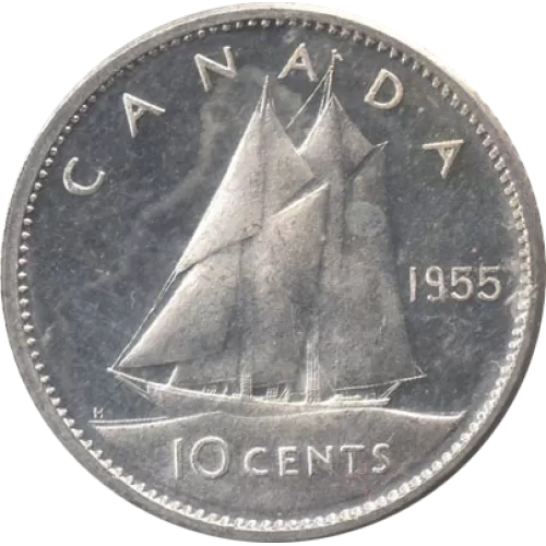 1955 Canadian 10-Cent Bluenose Schooner Dime Silver Coin (Brilliant Uncirculated)-may be toned