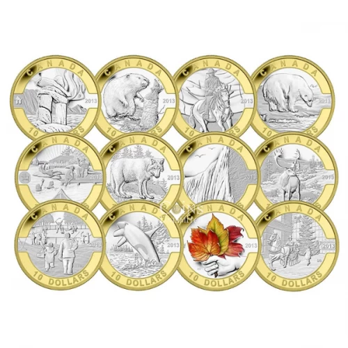 2013 Canada $10 O Canada Series 1/2 oz Fine Silver & Gold-plated 12-Coin Set with Display Case
