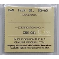 1939 Canada $1 Royal Visit Commemorative Silver Dollar Coin ICCS Graded MS-65