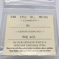 1952 WATER LINES Canada $1 Voyageur Silver Dollar Coin ICCS Graded MS-65