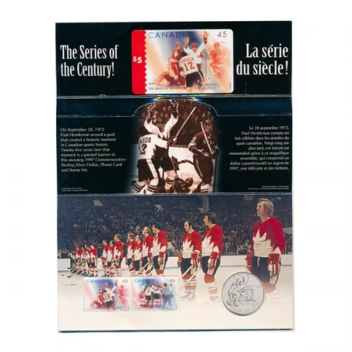 1997 (1972-) Canadian $1 Canada vs USSR (Russia) Hockey Silver Dollar Coin, Phone Card and Stamp Set
