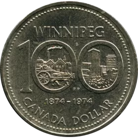 1974 (1874-) Canadian $1 Winnipeg Centennial Dollar Coin - Double Yolk Variety 2 (EF)