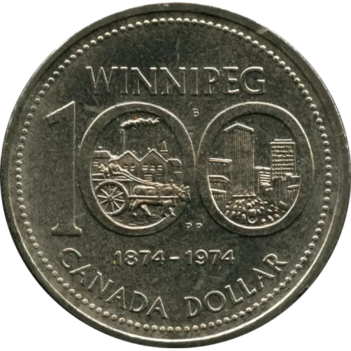 1974 (1874-) Canadian $1 Winnipeg Centennial Dollar Coin - Double Yolk Variety 2 (VF+ or better)