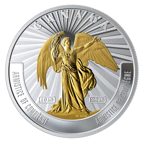 2018 (1918-) Canadian $20 First World War Battlefront Series: Armistice of Compiègne 1 oz Fine Silver & Gold-plated Coin
