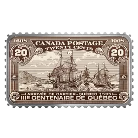 2019 Canadian $20 Canada's Historical Stamps: Arrival of Cartier, Quebec 1535 1 oz Fine Silver Coin