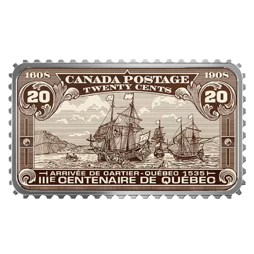 2019 Canadian $20 Canada's Historical Stamps: Arrival of Cartier, Quebec 1535 1 oz Fine Silver Coin