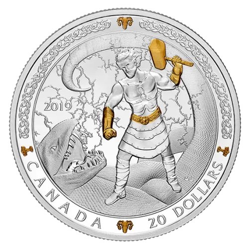 2019 Canadian $20 Norse Gods: Thor - 1 oz Fine Silver & Gold-plated Coin