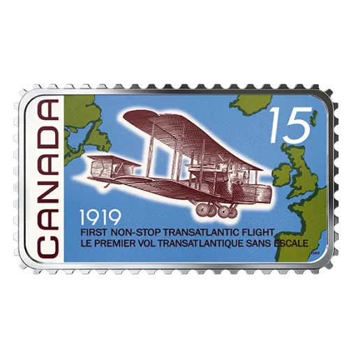 2019 Canadian $20 First Non-Stop Transatlantic Flight 100th Anniv 1 oz Silver Coloured Stamp-Shaped Coin