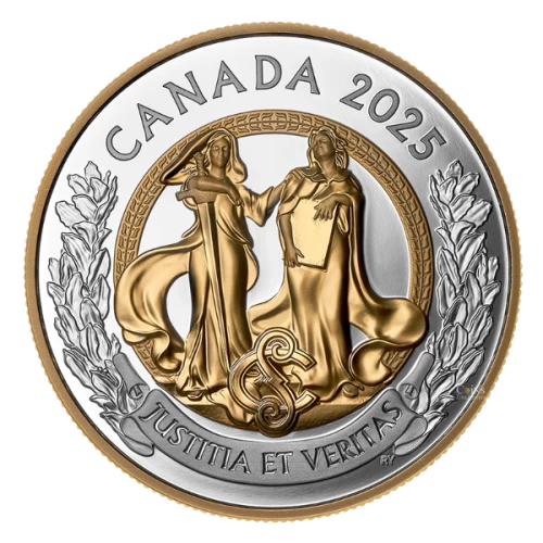2025 Canada $20 Allegories of Justice and Truth - 1 oz Fine Silver Coin with Gold Plating