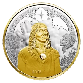 2018 Canadian $25 Tecumseh's Birth 250th Anniv 1 oz Fine Silver & Gold-plated Piedfort Coin