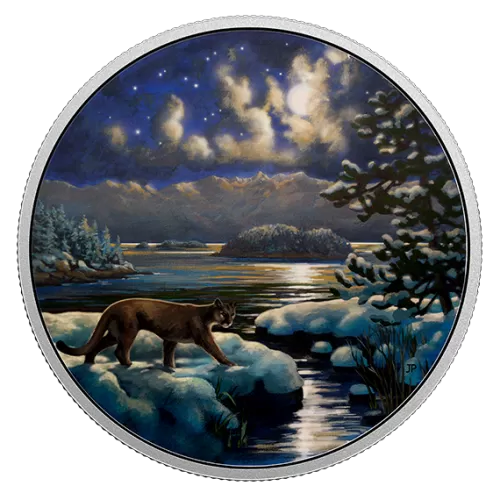 2017 Canadian $30 Animals in the Moonlight: Cougar 2 oz Fine Silver Coloured Coin (Glow-in-the-Dark) - Lightly Tarnished