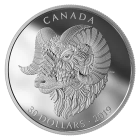 2019 Canadian $30 Zentangle Art: Bighorn Sheep - 2 oz Fine Silver Coin-capsule slightly scuffed