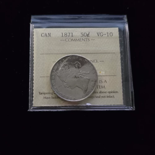 1871 Canada 50 Cent Queen Victoria Coin ICCS Graded VG-10
