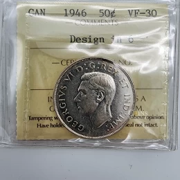 1946 HOOF IN 6 Canada 50-Cent Coat of Arms Half Dollar Silver Coin ICCS Graded VF-30
