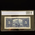 1937 Bank of Canada $5 Bilingual Series Bill Note PCGS Certified - AU58