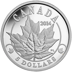 2014 Canadian $5 Overlaid Majestic Maple Leaves - 1/10 oz Fine Platinum Coin