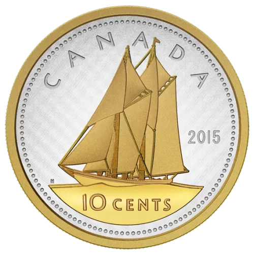 2015 Canadian 10-Cent Big Coin Series: Bluenose Schooner 5-ounce Fine Silver & Gold-plated Dime Coin