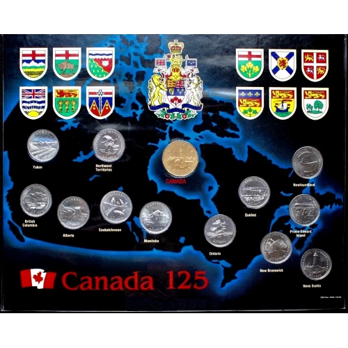 1992 Canadian 13-Coin Collector Board 125th Anniv Provincial Quarter and Parliament Loonie Set