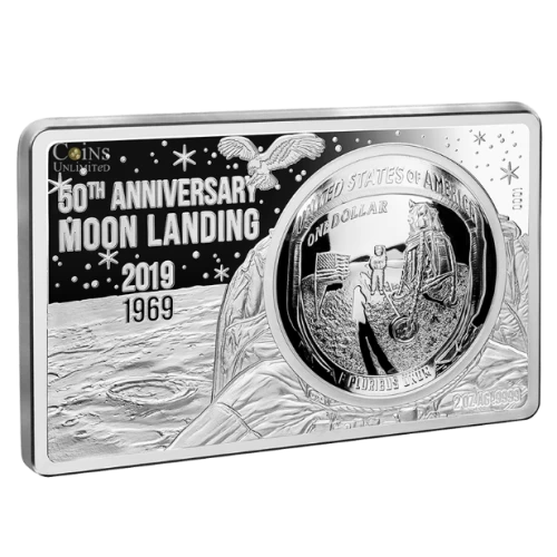 2019 (1969-) United States $1 Moon Landing/Apollo 11 50th Anniversary 2.8 oz Pure Silver Curved Coin and Bar Set - lightly tarnished
