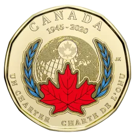 2020 (1945-) Canadian $1 Signing of The United Nations Charter 75th Anniv Coloured Loonie Dollar Coin (Brilliant Uncirculated)