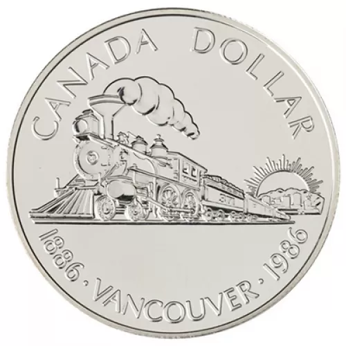 1986 (1886-) Canadian $1 Transcontinental Railroad/Vancouver Centennial Brilliant Uncirculated Silver Dollar Coin