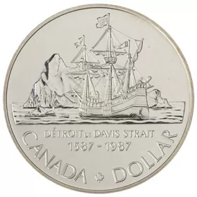 1987 (1587-) Canadian $1 John Davis Exploration/Davis Strait 400th Anniv Brilliant Uncirculated Silver Dollar Coin